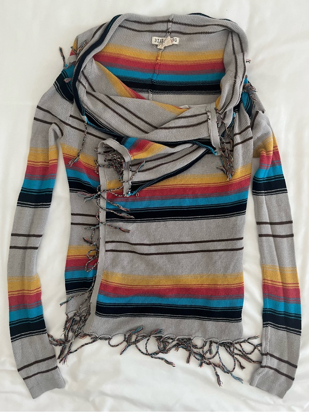 Billabong Gray Striped Fringe Open-Front Cardigan with Teal & Yellow Accents